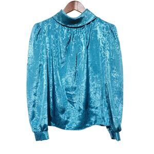 Vintage 80's Cindy Collins Blouse Size S Teal Satin Floral Office Party